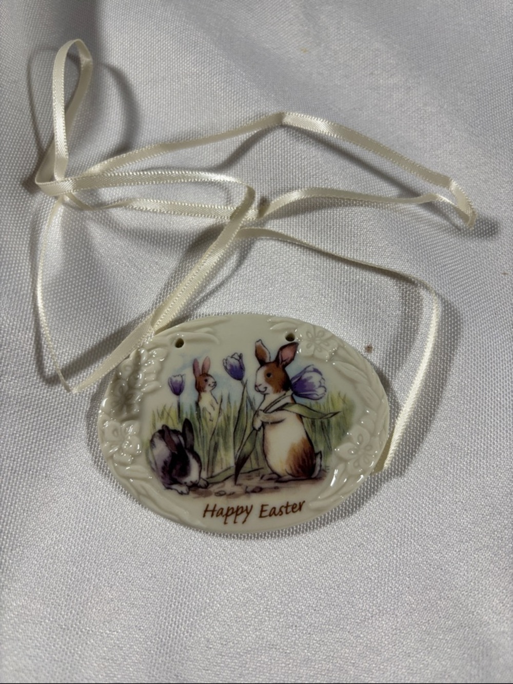 Long 2006 Easter Bunny Porcelain Tie-on- Cream with Pastel Illustration